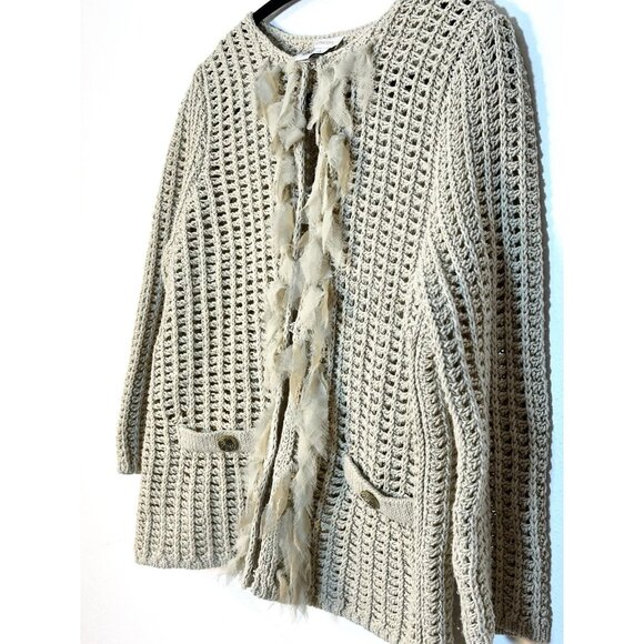 Women Chico's Oatmeal Chunky Open Knit Fringe‎ Cardigan Sweater Size 0 Coastal - Picture 4 of 10